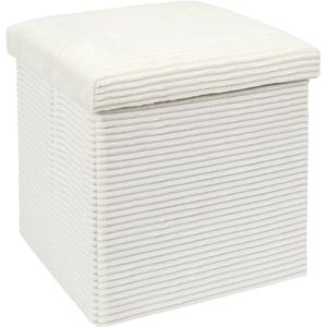 Home Deco Factory Poef/hocker opvouwbaar - rib design - opbergbox - wit - polyester/mdf - 38 x 38 cm