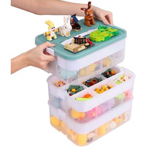Opbergdoos voor speelgoed, organizer voor Lego, 3-laags, stapelbaar, bouwstenen-container, onderverdeeld, baksteen, puzzel-sorteerder, speelgoedsorteerdoos, opbergcontainer (olijfgroen)