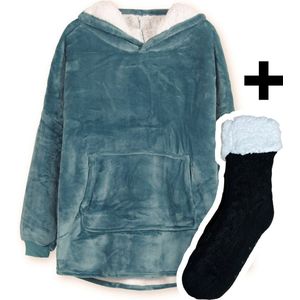 Zoem - Fleece deken met mouwen - inclusief fleece sokken - combi deal - fleece plaid - sweater -super zacht - 280 gsm - Turquoise - trui - Snuggle - Hoodie - Snuggle Hoodie - Oversized fleece - wintertrui