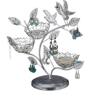 Sieradenhouder 88 gaatjes oorbellen boom met 3 bakjes ijzer - sieradenstandaard 34x39x15 cm zilver
