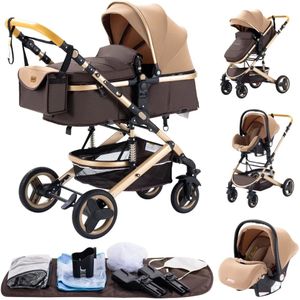 Kinderwagen - Kinderwagen 3 in 1 - Stroller - Opklapbare Wandelwagen - Luxe Kinderwagen - 3-in-1 Luxe Kinderwagen – Draagbare Reiswieg, Inklapbaar, Aluminium Frame voor Pasgeborenen - 530 khaki 3in1