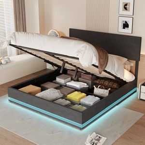 Sweiko Tweepersoonsbed - 180x200cm - USB-opladen - LED-verlichting - Opbergvak - Fluweel - Donkergrijs