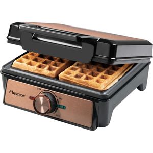 Bestron Wafelijzer voor belgische wafels, Brusselse wafelijzer voor twee dikke wafels, met antiaanbaklaag en Cool Touch handvat, Copper Collection, kleur: Koper