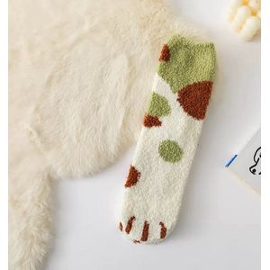 Fluffy dames sokken - huissokken - bruin - wit - groen - leuke print kattenpotten - 36 -40 - cadeau voor haar - geschenk vrouwen - gift - extra zacht