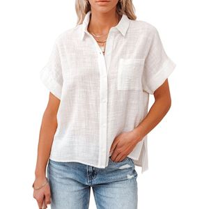 Linnen Dames Blouse Wit - Korte Mouwen - Fashion - Zomer - Maat S