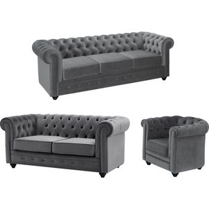 Drie- en tweezitsbank en fauteuil van antracietkleurig velours CHESTERFIELD L 205 cm x H 72 cm x D 88 cm