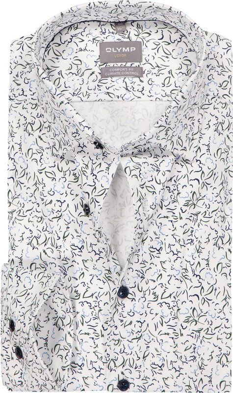 OLYMP 24/7 Luxor comfort fit overhemd - dobby - wit met blauw en groen dessin - Strijkvriendelijk - Boordmaat: 46