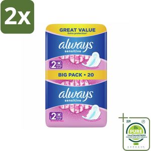 Always - Maandverband - Long - Sensitive - 20 Maandverband - Voordeelverpakking - 2 stuks - Maandverband - Maandverband gevoelige huid