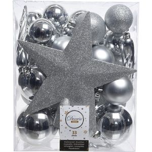 33x stuks kunststof kerstballen met ster piek zilver 5-6-8 cm mix - Onbreekbare kerstballen - Kerstboomversiering