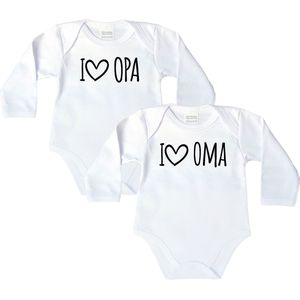 Romper - I love opa & i love oma - maat: 74 - lange mouw - kleur: wit - 2 stuks - rompertje - rompers - rompertjes - baby born - zwangerschap aankondiging - zwanger - zwangerschap - zwangerschap cadeau - kraamcadeau - kraamcadeaus