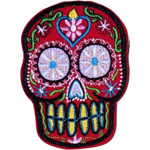 Sugar Skull Strijk Embleem Patch Rood Gele Tanden 7.3 cm / 10.1 cm / Rood