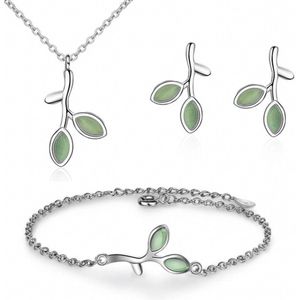 Set 3 delig- Green Leaf-ketting-oorbellen-armband- Zilver-Charme Bijoux