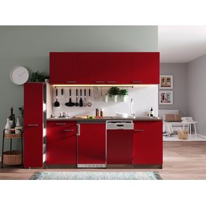 Goedkope keuken 225  cm - complete keuken met apparatuur Oliver  - Donker eiken/Rood  - elektrische kookplaat - vaatwasser  - spoelbak