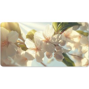 Muismat XXL - Bureau onderlegger - Bureau mat - Bloesems - Wit - Zonnestralen - Bloemblaadjes - 100x50 cm - XXL muismat