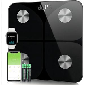 Weegschaal - Personenweegschaal impedantiemeter vetmassa water spiermassa BMI MB basismetabolisme glas zwart