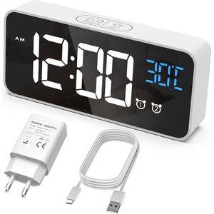 Digitale Wekker met Temperatuur, 2 Alarmen, Snooze-functie, USB Oplaadpoort en Helderheidsniveaus
