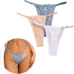 3 Pack - Dames String Met Kant - Nude, Wit, Blauw - 95% Katoen - Onderbroek Met Kanten Design - Dames Lingerie / Ondergoed Set - Maat S