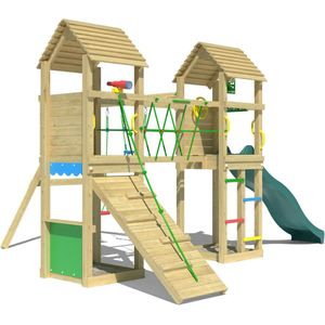 Jungle Gym speeltoestel van grenen hout - Jungle Gatehouse met donkergroene glijbaan - Tuin speeltoestel voor buiten met balanceerbrug, klimhelling en winkeltje