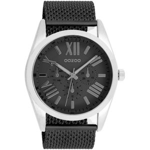 OOZOO Timepieces - Zilverkleurige horloge met zwarte metalen mesh armband - C9644