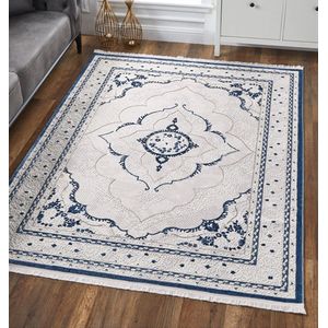 ARTOIS - Creme-Blauw - 200x290cm, Laagpolig vloerkleed met franjes