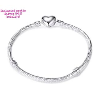 Estacks | Verzilverde Bedelarmband | GRATIS 925 BEDEL | 17 cm | Hart | Moederdag / Valentijn Cadeau Tip | Geschikt voor Bedels