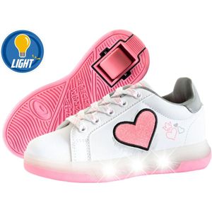 Breezy Rollers Kinder Sneakers met Wieltjes - Wit Roze LED - Schoenen met wieltjes - Rolschoenen - Maat: 33