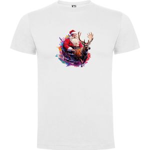 Wit T-Shirt met “Kleurrijke Kerstman met Slee en Rendier “ Print Full Color Maat S