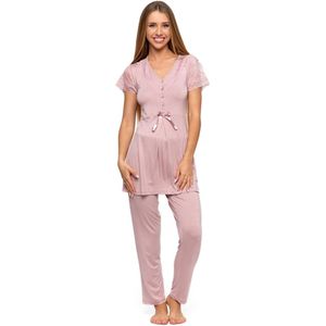 Elegante viscose damespyjama met korte kanten mouwen- kleur 'poederroze'- korting- sale S