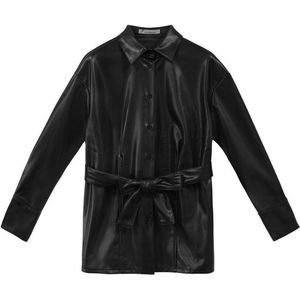 Zwarte Leather Look Blouse - Leren Blouse - Hemd met Ceintuur - Maat L - Zwart