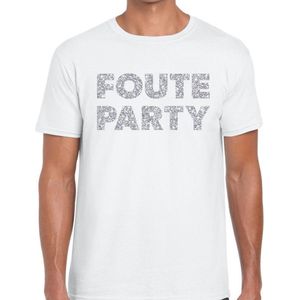 Foute party zilveren glitter tekst t-shirt wit heren - Foute party kleding M