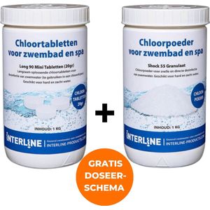 Interline Chloortabletten 20 gram 1 kg + Interline chloorshock 1kg (poeder) - Chloortabletten voor zwembad en jacuzzi - Chloor 20 gram - Chloorpoeder - Inclusief gratis doseerschema