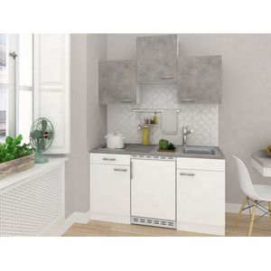 Goedkope keuken 150  cm - complete kleine keuken met apparatuur Malia - Wit/Beton - keramische kookplaat  - koelkast  - mini keuken - compacte keuken - keukenblok met apparatuur