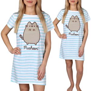 Pusheen KATOENEN damesnachtjapon met korte mouwen, OM IN TE SLAPEN, gestreept, 100% KATOEN