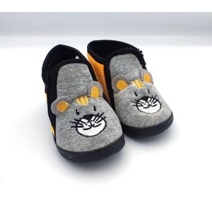 Jongens en meisjes baby / peuter / kleuter muis pantoffels – zeer zachte sloffen - grijs met geel leuk muizen gezichtje – sterke antislip – instappers met ritssluiting - maat 24