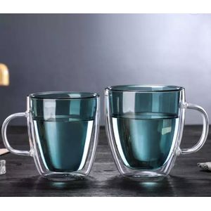 Luxe dubbelwandig theeglazen - Thermische glazen met oor - Dubbelwandige glazen -  Koffieglazen - Theeglas - Cappuccino glazen - Latte macchiato glazen - 300 ml - 2 stuks - Turquoise