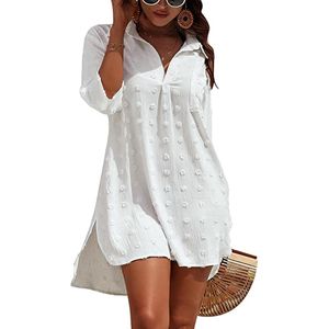 Allecto Plus - Strand Cover Up Shirt Jurk voor Vrouwen met 3/4 Mouwen - Katoenen Strandkleding met Knopen - Zwitserse Dot Print - Bikini Cover-Up & Badpak - Lange Beachwear Jurk