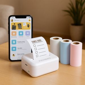 Fameilleur Mini Pocket Printer 300 DPI – Bluetooth Thermische Printer Zonder Inkt – Incl. 8 Rollen + Smartphone Labelprinter 8x8x4 cm – Zwart-Wit Printer voor Stickers, Notities & Cadeau Idee – USB-C