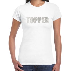 Glitter Topper t-shirt wit met steentjes/ rhinestones voor dames - Glitter kleding/ foute party outfit S