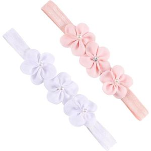 Haarband voor baby meisjes - Set van 2 - Elastisch - Bloemenpatroon - Voor pasgeborenen - Doop - Verjaardagsfeest - Fotografie