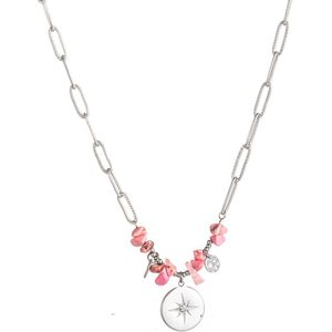 Nouka Dames Ketting met Hanger en Roze Natuursteentjes – Ronde Hanger met Ster – Roze Steentjes - Zilverkleurig - Stainless Steel – Roestvrij Staal – Zilver Kleurig - Cadeau voor Vrouwen – Cadeautje