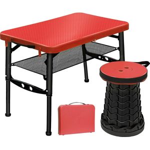 Draagbare opvouwbare tafel - met opvouwbare kruk - in hoogte verstelbare kleine tafel en telescopische kruk - campingtafel, inklapbare tuintafel - voor reizen, picknicken, vissen, wandelen, binnen - rood