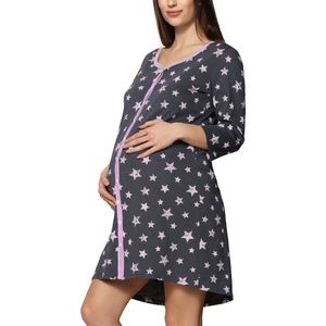 Be Mammy Dames Nachtemd - Nachtjapon - Zwangerschaps Nachthemd - 3/4 mouwen met borstvoedingsfunctie - Katoen - BE-BE20-276-ND - Grafiet Sterren Roze - XXL