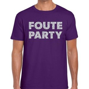 Foute party zilveren glitter tekst t-shirt paars heren - Foute party kleding S