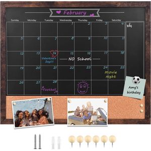 Magneetbord, kalender in prikbord, 45 x 55 cm, combinatie van krijtbord en prikbord, rustiek ingelijst bord/kalender/kurk-combinatiebord (ZHHB-BN-4555) NL