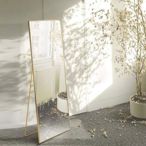 Staande spiegel met koperen metalen frame 140 x 40 cm HD grote full-body spiegel met haken voor woonkamer of kleedkamer (koper)