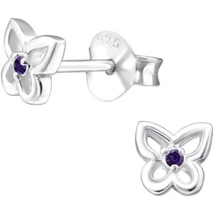 Joy|S - Zilveren vlinder oorbellen paars 5 mm - oorknopjes voor kinderen