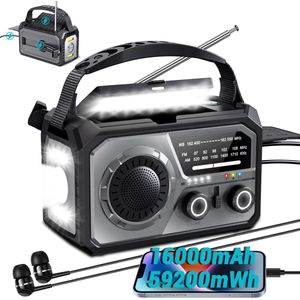16000mAh zonne aangedreven noodradio - draadloos NOAA AM/FM weer radio, usb-c/c-type opladen, 3 lichtmodi, SOS alarm, kompas en power bank camping survival outdoor noodsituaties