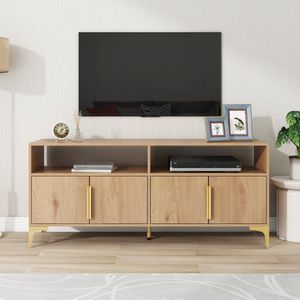 Sweiko 4-deurs TV kast met 2-open compartimenten, TV standaard, entertainment center voor woonkamer, voor televisies tot 65 inch,147 x 40 x 64 cm (L/B/H) ,natuurlijk hout