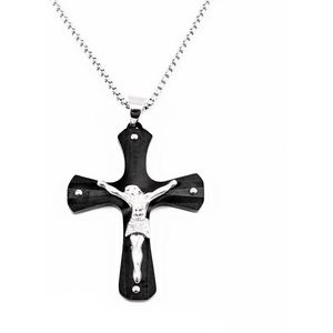 70cm x 3mm Ketting + Jesus Christus XL-Kruishanger Heren - Stalen Zwart - Zilverkleur