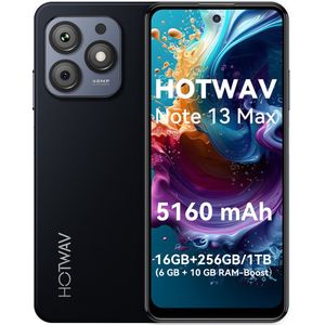 HOTWAV Note 13 Max Smartphone - 16GB/256GB - 5160 mAh Batterij - mobiele telefoon zonder abonnement - 4G Dual SIM - mobiele telefoon senioren - Met Transparante Hoes - Zwart